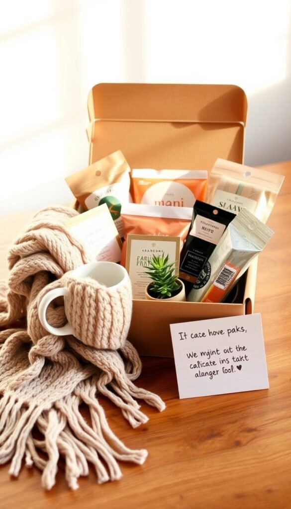A carefully arranged care package nestled on a wooden surface, bathed in warm, natural lighting. In the foreground, an assortment of thoughtfully selected items - a cozy knitted scarf, a mug with a heartfelt message, a small potted plant, and a handwritten note. In the middle ground, a collection of artisanal snacks and treats, carefully curated to delight the senses. The background features a simple, minimalist backdrop, allowing the care package to take center stage. The overall scene exudes a sense of personalization, comfort, and the heartfelt intention of creating a meaningful gift for a loved one.