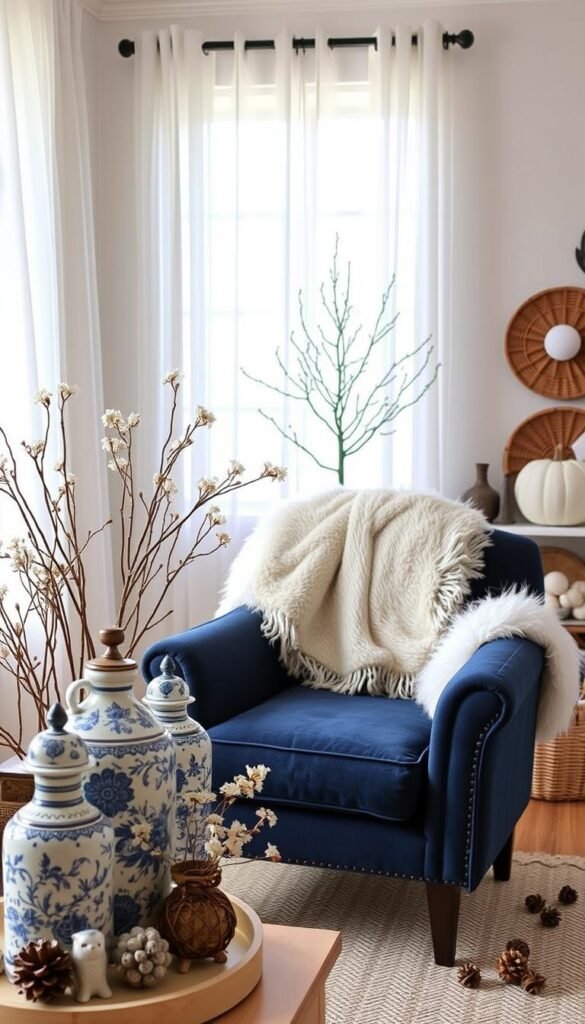 A cozy and chic blue and white fall tableau for a small space. In the foreground, an artfully arranged vignette of porcelain ginger jars, delicate ceramic figurines, and dried floral stems in shades of blue and white. In the middle ground, a fluffy white faux fur throw draped over a plush navy blue velvet armchair. Soft natural light filters in through gauzy white curtains, casting a warm glow. The background features understated fall décor elements like a small potted tree, woven wicker baskets, and a few scattered pinecones. The overall mood is one of sophisticated autumnal elegance in a compact, intimate setting.
