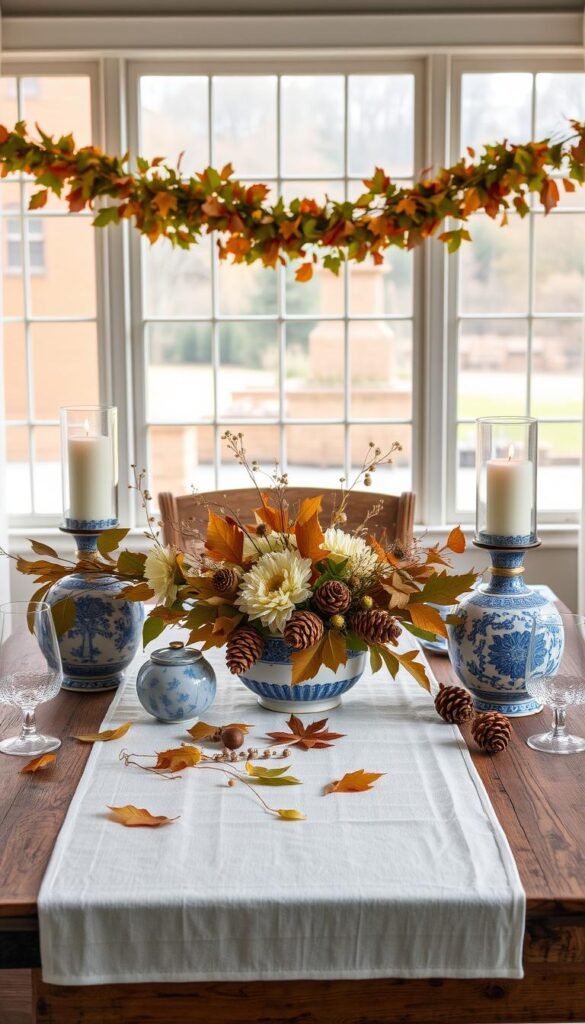 A cozy and inviting fall scene, featuring a rustic wooden table adorned with a mix of blue and white decor elements. In the foreground, a centerpiece of dried leaves, pinecones, and acorns sits atop a crisp white tablecloth. Delicate blue and white porcelain vases hold fresh blooms, complemented by glass hurricanes casting a warm, ambient light. In the middle ground, a garland of autumn foliage drapes gracefully along the table's edge, its colors ranging from vibrant greens to rich reds and golds. Framing the scene, a large window overlooking a peaceful autumn landscape bathes the setting in natural light, creating a serene and tranquil atmosphere.