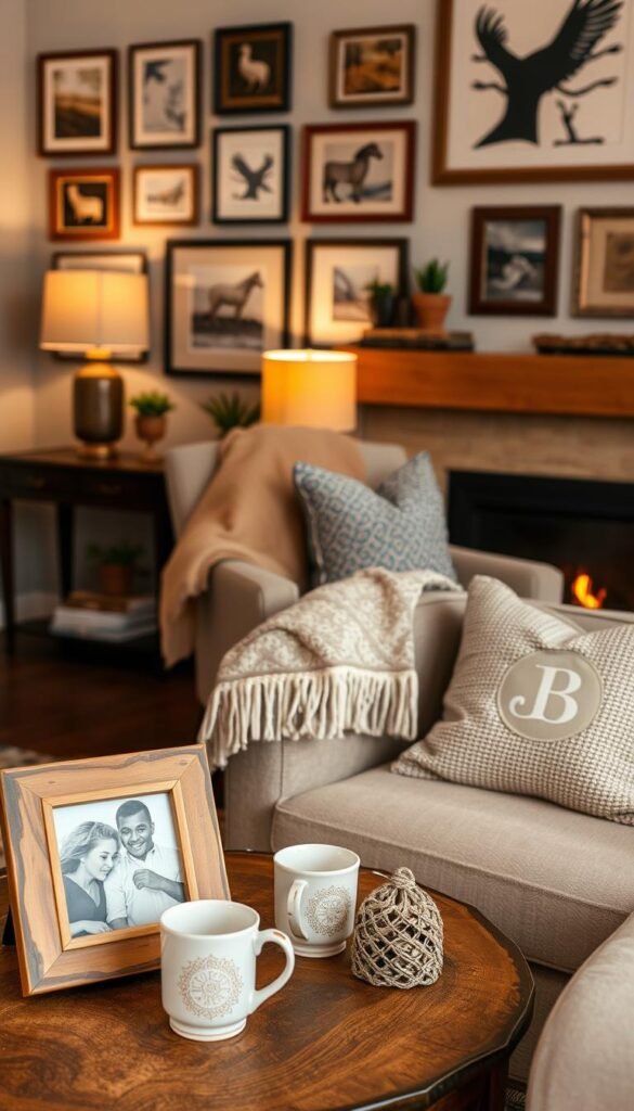 A cozy and inviting living room scene with personalized home decor gifts artfully displayed. In the foreground, a beautifully crafted wooden photo frame, filled with a cherished family photograph, stands on a rustic side table. Surrounding it, a set of handmade ceramic mugs with intricate, personalized designs. In the middle ground, a woven blanket in warm, earthy tones is draped over a plush armchair, complemented by a decorative pillow featuring a hand-embroidered monogram. The background showcases a gallery wall of framed artwork, each piece unique and reflecting the homeowner's personal style. Soft, ambient lighting from a table lamp and a crackling fireplace create a welcoming atmosphere, inviting the viewer to imagine the joy of receiving these personalized, homemade gifts.