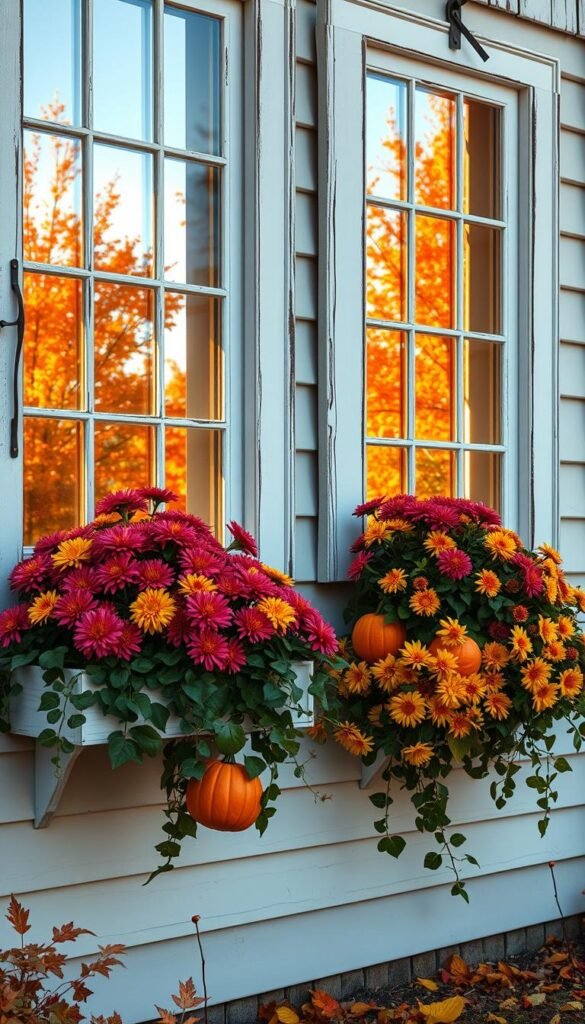 A cozy autumn scene of well-maintained fall window boxes, adorning the exterior of a quaint New England farmhouse. The boxes are brimming with vibrant chrysanthemums, rustic pumpkins, and cascading vines, all bathed in warm, golden afternoon light filtering through the windows. The wooden frames of the windows and boxes are painted a weathered, charming white, complementing the crisp, red-and-orange foliage in the background. A soft, hazy atmosphere evokes the peaceful tranquility of the season, inviting the viewer to step inside and experience the perfect autumnal ambiance.
