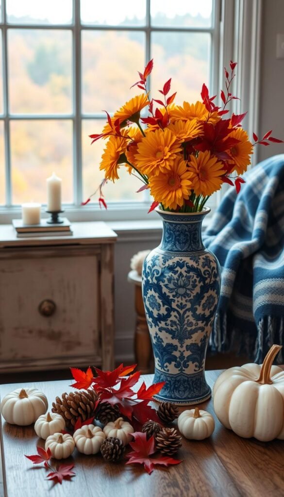 A cozy autumn scene with a mix of traditional fall colors and soothing blue hues. In the foreground, an ornate blue and white ceramic vase holds a vibrant bouquet of golden chrysanthemums, orange marigolds, and crimson leaves. Delicate white pumpkins and pinecones scattered around the base add a rustic touch. The middle ground features a distressed wooden side table with a fluffy blue and white tartan throw, a stack of vintage books, and a flickering candle. In the background, a large window overlooking a picturesque fall landscape, with a dreamy, soft-focus effect. The lighting is warm and ambient, creating a welcoming, intimate atmosphere.