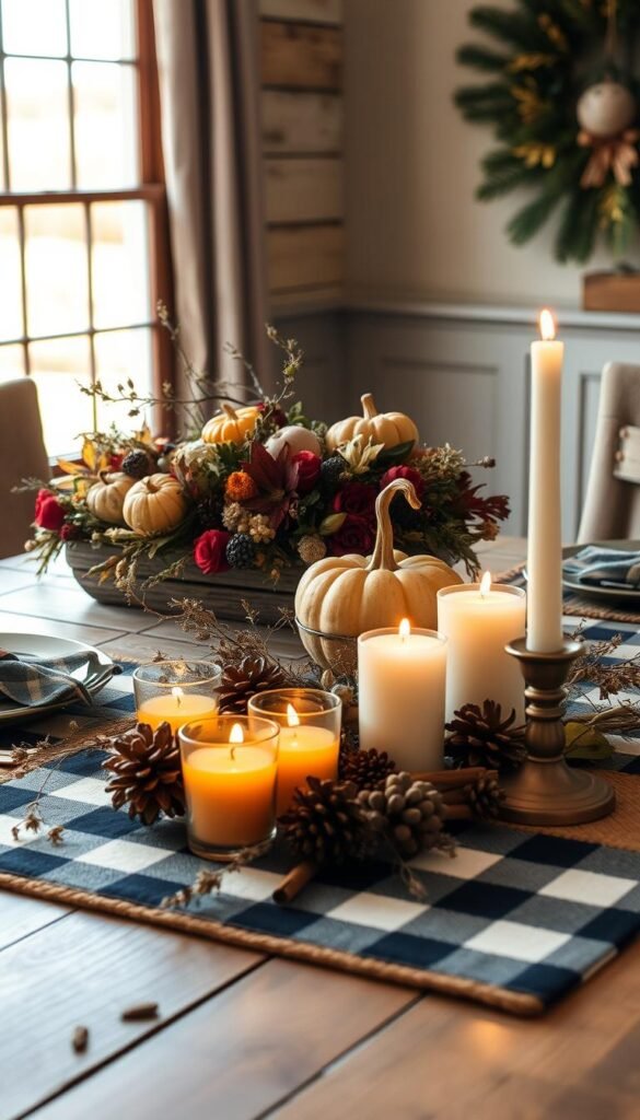 A cozy autumn table setting with a rustic wooden table, a plaid tablecloth, and a centerpiece of pumpkins, gourds, and fall foliage. In the foreground, a cluster of votive candles casts a warm glow, while in the middle ground, an arrangement of dried flowers, pinecones, and cinnamon sticks adds earthy textures. The background features a window with a view of a crisp, golden landscape, hinting at the change of seasons. The lighting is soft and natural, creating an inviting and intimate atmosphere perfect for a cozy fall dinner party or holiday gathering.