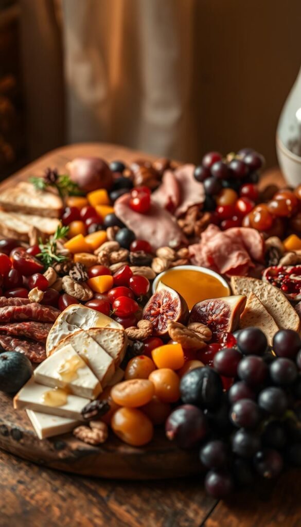 A cozy, autumnal charcuterie board overflows with an array of seasonal delights. In the foreground, an assortment of savory cured meats, artisanal cheeses, and tangy pickled vegetables sit atop a rustic wooden platter. Scattered throughout are plump figs, juicy pomegranate arils, and clusters of grapes in rich, jewel-toned hues. Toasted nuts, dried apricots, and a drizzle of golden honey add pops of texture and sweetness. The background features a warm, golden light, casting a soft glow over the scene and creating a welcoming, harvest-inspired ambiance. Soft shadows and a slightly hazy depth of field evoke a serene, intimate atmosphere, perfect for savoring the flavors of fall.