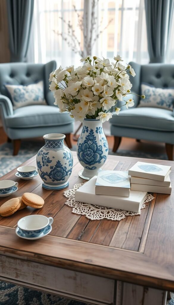 A cozy blue and white coffee table setting, illuminated by soft, natural lighting that filters through sheer curtains. In the foreground, an ornate, hand-painted ceramic vase holds a vibrant bouquet of fresh white flowers. Scattered around the vase are delicate bone china saucers, each filled with an artisanal blue and white biscuit or cookie. In the middle ground, a weathered, distressed wooden coffee table serves as the canvas, its surface adorned with a lace doily and a stack of pristine white books. The background features a plush, powder-blue rug and a pair of elegant, tufted armchairs, creating a serene, autumnal atmosphere perfect for leisurely afternoons.