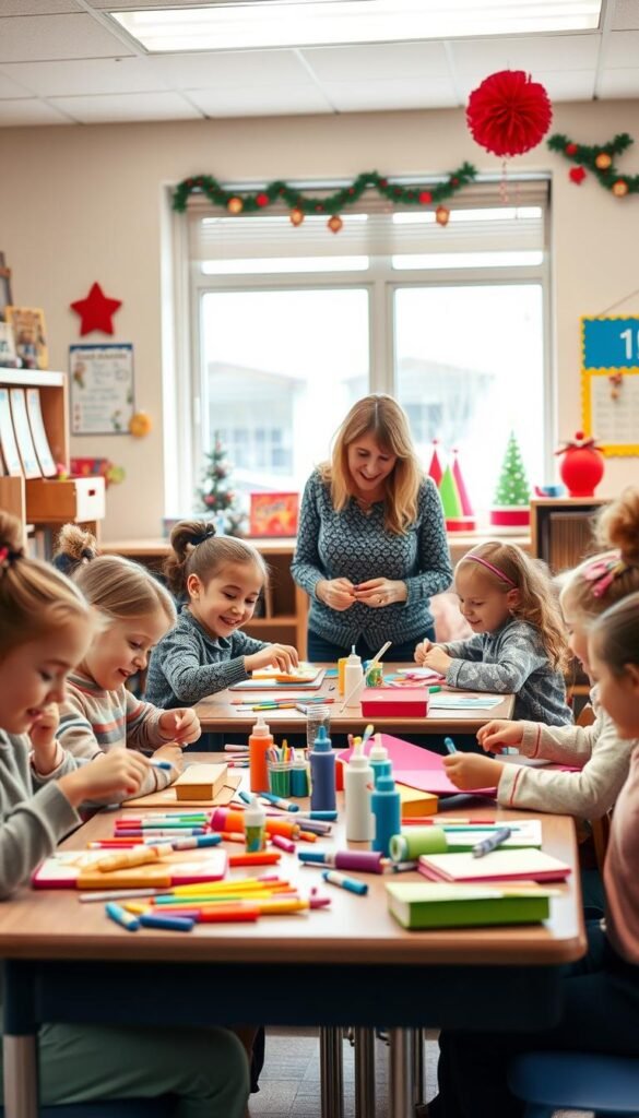 A cozy classroom filled with children enthusiastically crafting handmade gifts for their beloved teachers. In the foreground, a group of students carefully arranging colorful art supplies, glue sticks, and construction paper on their desks, their faces alight with concentration and joy. In the middle ground, a teacher warmly supervises, offering gentle guidance and encouragement. The background depicts a cheerful scene, with whimsical holiday decorations adorning the walls and a large window allowing natural light to pour in, casting a soft, inviting glow over the entire space. The overall atmosphere is one of youthful creativity, heartfelt appreciation, and the spirit of the holiday season.