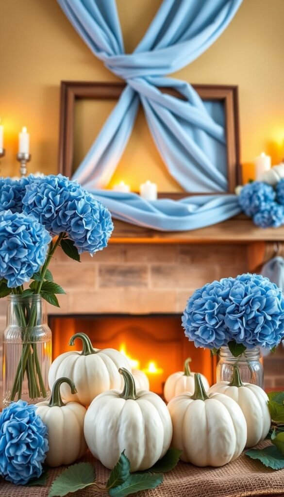 A cozy fall mantel adorned with a harmonious blend of blue and white accents. In the foreground, a cluster of delicate white pumpkins and glistening glass vases filled with vibrant blue hydrangeas. In the middle, a rustic wooden mantel frame draped with soft, billowing fabric in a calming shade of blue. The background features a warm, golden-hued wall accentuated by the gentle glow of scented candles, creating a serene and inviting atmosphere. The entire scene is bathed in soft, diffused lighting that casts gentle shadows, evoking a sense of tranquility and seasonal charm.