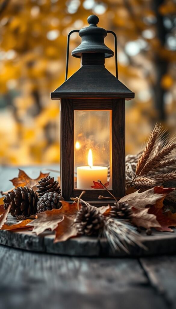 A cozy fall scene with a rustic wooden lantern taking center stage. The lantern's warm glow illuminates a seasonal display of dried leaves, pinecones, and a bundle of wheat, arranged artfully on a weathered wooden surface. In the background, a soft blur of golden autumn foliage provides a natural, autumnal backdrop. The lighting is soft and diffused, creating a inviting, ambient atmosphere. The camera angle is slightly elevated, capturing the scene from a slightly overhead perspective, emphasizing the intimate, close-up composition. Overall, the image conveys a sense of harvest-time tranquility and the comforting embrace of the fall season.