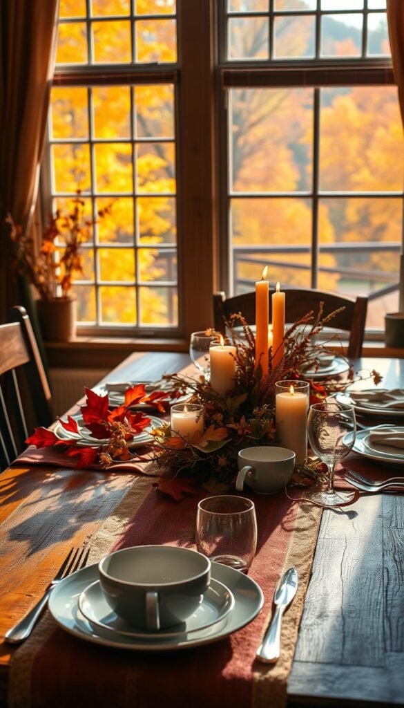 A cozy fall table setting with a rustic, inviting atmosphere. In the foreground, a wooden table is adorned with an elegant tablecloth in warm autumnal hues, complemented by a centerpiece of seasonal foliage, dried flowers, and flickering candles. In the middle ground, delicate ceramic dinnerware and polished silverware are neatly arranged, casting soft shadows. The background features a charming window overlooking a picturesque autumn landscape, with golden sunlight filtering through the colorful trees. The overall mood is one of comfort, sophistication, and the welcoming spirit of the harvest season.