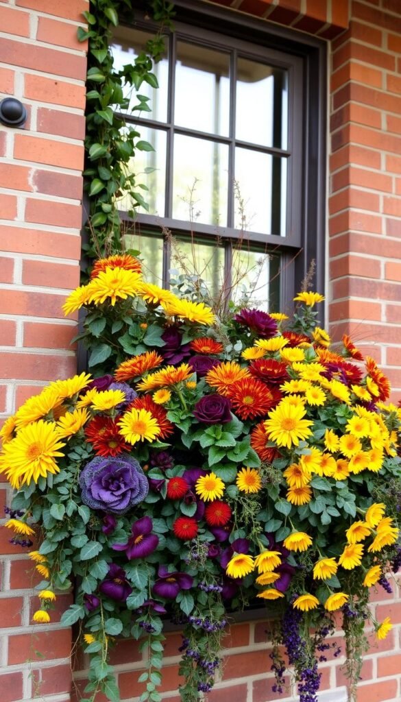 A cozy fall window box overflowing with vibrant autumnal blooms, cascading vines, and textural foliage. In the foreground, a lush arrangement of mums, pansies, and ornamental kale in shades of gold, burgundy, and deep purple. The middle ground features trailing ivy, eucalyptus, and curly willow branches, creating a layered, spilling effect. In the background, a warm-toned brick wall provides a rustic, earthy backdrop, illuminated by soft, diffused natural light filtering through the window pane. The overall scene conveys a sense of seasonal charm, inviting viewers to step into a cozy, welcoming autumn ambiance.