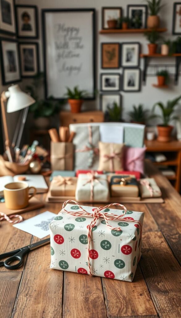 A cozy home office workspace, with a neatly arranged set of DIY holiday gifts on a rustic wooden table. Soft, warm lighting from a nearby window creates a inviting ambiance. In the foreground, a handmade gift box wrapped in festive paper and tied with a ribbon sits prominently. Behind it, various craft supplies, scissors, and a mug of hot cocoa create a creative, homespun scene. The middle ground features a collage of different homemade presents, each with their own unique materials and designs. The background showcases a wall of framed artwork, plants, and shelves, adding depth and a personal touch to the composition. An intimate, thoughtful mood pervades the setting, perfect for showcasing DIY Secret Santa gift presentation.