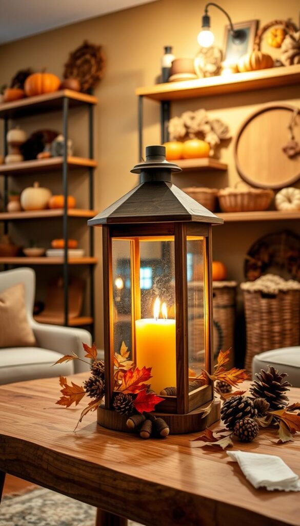 A cozy indoor fall scene with a rustic wooden lantern on a natural wood table. The lantern is adorned with autumn leaves, acorns, and a flickering warm-toned candle that casts a soft, intimate glow. In the background, a wall of earthy-toned shelves holds additional fall decor elements like pumpkins, pinecones, and woven baskets. Warm task lighting from above illuminates the setting, creating a welcoming, inviting atmosphere perfect for a cozy autumn evening.