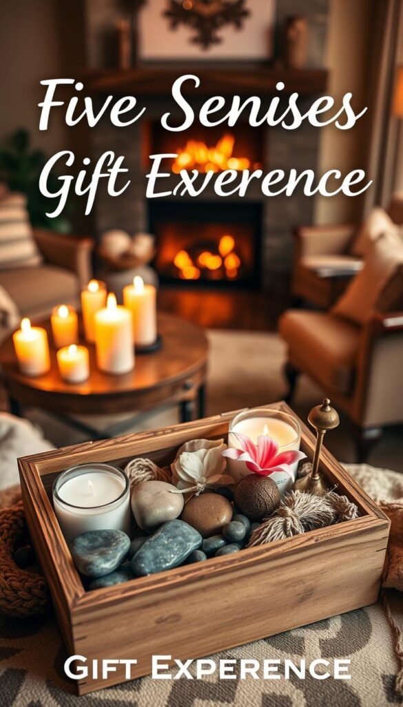 A cozy, intimate scene showcasing a "Five Senses Gift Experience". In the foreground, a hand-crafted wooden box with various sensory items - scented candles, smooth river stones, a small chime, a delicate flower, and a rich chocolate truffle. The background depicts a soft, candlelit living room with plush, earthy tones, a crackling fireplace, and a pair of armchairs inviting relaxation. Warm, golden lighting bathes the scene, creating a tranquil, sensual atmosphere. The overall composition evokes a thoughtful, personalized gift meant to engage all five senses and foster a deeper connection.