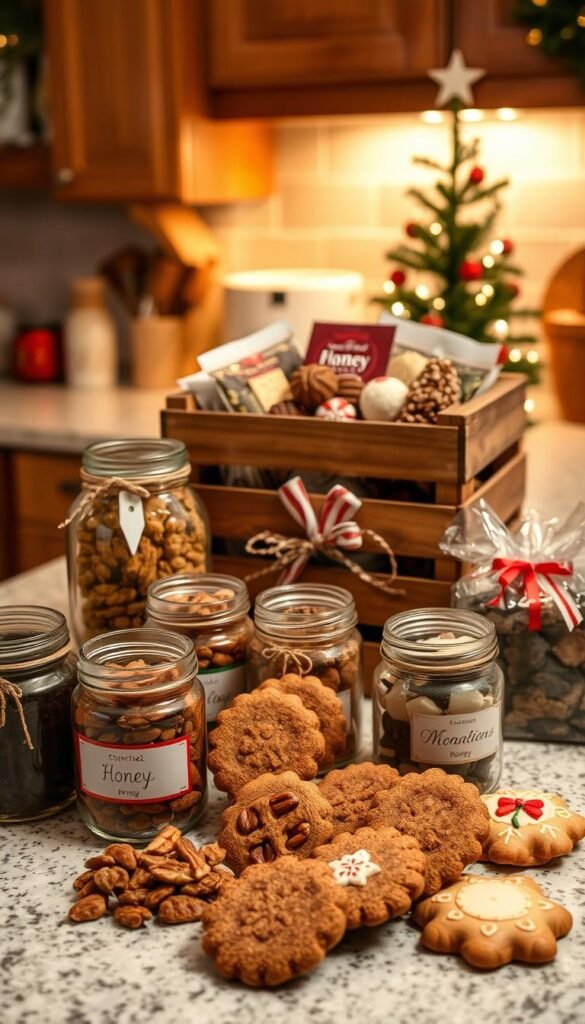 A cozy kitchen counter displays an enticing array of homemade edible gifts. In the foreground, jars of flavored honey, cinnamon-dusted candied nuts, and festive holiday-themed cookies are arranged artfully. The middle ground showcases a rustic wooden crate filled with assorted truffles, fudge, and other decadent confections. In the background, a warm, softly lit atmosphere sets the mood, with a small Christmas tree and twinkling fairy lights providing a festive touch. The lighting is gentle and inviting, highlighting the textures and colors of the delectable treats. The overall scene conveys the joy of crafting thoughtful, handmade edible gifts to delight and surprise loved ones.
