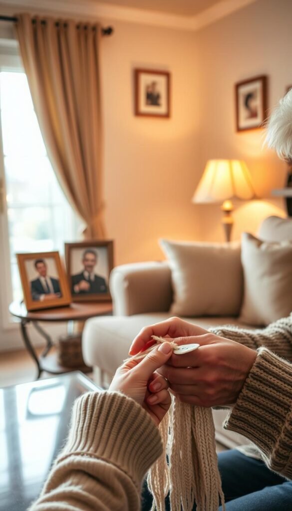 A cozy living room bathed in warm, soft lighting, with a handcrafted wooden frame holding a cherished family photo on a side table. In the foreground, an elderly couple's hands gently crafting a personalized, heartfelt gift - perhaps a knitted scarf or a delicate ornament. The scene exudes a sense of nostalgia, intimacy, and the joy of creating something meaningful for loved ones. The overall atmosphere is one of tranquility, affection, and the timeless tradition of DIY gifts.