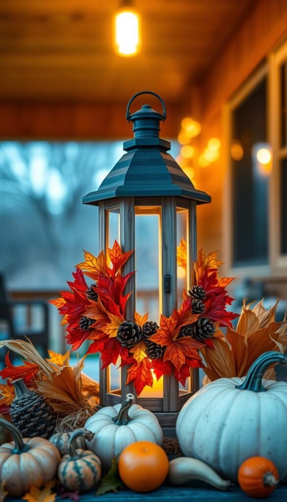 A cozy outdoor scene with a rustic wooden lantern glowing softly in the crisp autumn air. The lantern is adorned with a wreath of fall foliage - vibrant red, orange, and yellow leaves intertwined with pinecones. Surrounding the lantern are pumpkins, gourds, and dried corn stalks, creating a warm, inviting display. The background is blurred, revealing a hint of a wooden porch or patio, with a starry night sky above. Soft, diffused lighting illuminates the scene, casting a golden glow and warm, autumnal atmosphere. The overall composition is balanced, drawing the eye to the central lantern feature. This idyllic outdoor fall decor scene captures the essence of the season's natural beauty.