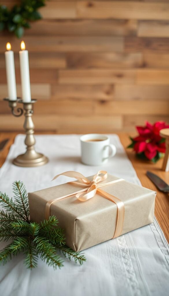 A cozy table setting with a handmade holiday gift presentation. In the foreground, a wooden table is adorned with a simple linen runner, a sprig of fresh pine, and a beautifully wrapped present. The gift is wrapped in natural kraft paper, tied with a delicate satin ribbon in a festive color. Soft, warm lighting from a pair of candlesticks casts a gentle glow across the scene. In the middle ground, a potted poinsettia and a mug of hot cocoa add to the inviting atmosphere. The background features a wall paneled in reclaimed wood, lending a rustic, homemade charm to the composition. The overall mood is one of thoughtful, handcrafted holiday cheer.