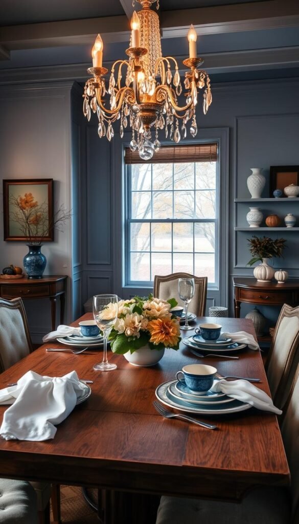A cozy, well-appointed fall dining room with a blue and white color palette. In the foreground, a rustic wooden table is set with crisp white linens, blue and white china, and tarnished silver accents. Overhead, a gleaming crystal chandelier casts a warm glow, while a large window in the middle ground offers a view of autumnal trees swaying in the breeze outside. The background features paneled walls painted a soothing shade of blue, accented by shelves displaying antique vases and framed artwork. Soft lighting, plush textiles, and natural elements create an inviting, sophisticated ambiance perfect for a fall gathering.