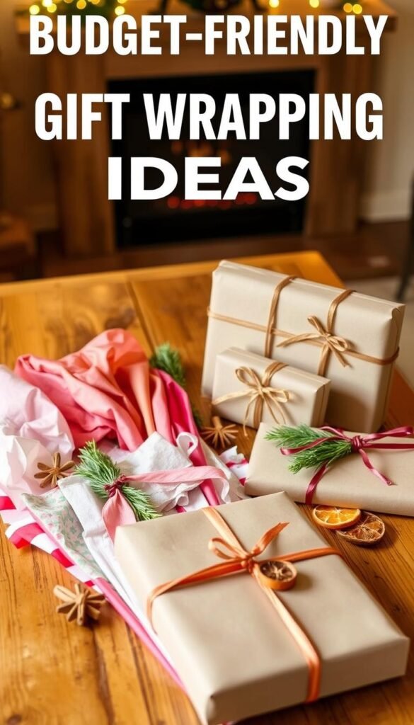 A cozy, well-lit home interior with a wooden table or surface. On the table, various budget-friendly gift wrapping supplies are neatly arranged, including colorful tissue paper, plain brown craft paper, ribbons, bows, and inexpensive decorative elements like pine sprigs, cinnamon sticks, and dried orange slices. The lighting is warm and inviting, creating a cheerful, DIY-inspired atmosphere. The overall composition emphasizes the simplicity and creativity of these affordable gift wrapping ideas, inspiring the viewer to try them out for their own holiday gift-giving.