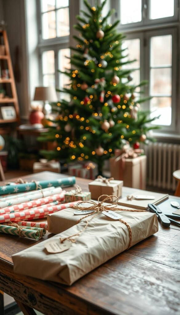 A cozy, well-lit home studio with natural lighting filtering in from large windows. On a rustic wooden table, an assortment of DIY gift wrapping supplies are neatly arranged - colorful wrapping paper, ribbons, twine, scissors, and handmade tags. In the foreground, a present is being carefully wrapped, the paper creased and folded with precision. In the background, a lush green Christmas tree stands, its twinkling lights casting a warm, festive glow. The overall scene conveys a sense of homemade charm and holiday cheer, inviting the viewer to be inspired and get creative with their own gift wrapping.