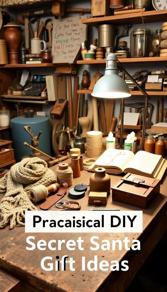 A cozy workshop scene showcasing an array of practical DIY Secret Santa gift ideas. In the foreground, an assortment of handcrafted items, such as a knitted scarf, a leather keychain, and a wooden trinket box, sit atop a worn workbench. Mid-frame, the warm glow of a desk lamp illuminates various craft supplies, including spools of twine, bottles of glue, and an open sketchbook. In the background, shelves display an eclectic mix of vintage tools and repurposed materials, hinting at the creative possibilities for these budget-friendly homemade gifts. The overall atmosphere is one of rustic charm and thoughtful DIY charm.