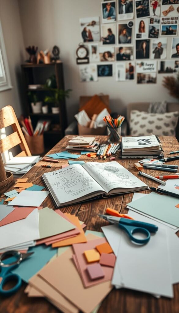 A cozy workspace with an assortment of DIY craft supplies scattered across a rustic wooden table. In the foreground, an array of colorful papers, scissors, glue sticks, and markers hint at the creative process. The middle ground features a sketchbook open to brainstormed gift ideas, surrounded by inspirational mood boards and color palettes. Soft natural light filters in through a nearby window, casting a warm glow and creating gentle shadows. The background showcases a gallery wall displaying photographs and postcards, providing further creative stimulation. An atmosphere of thoughtful planning and DIY whimsy permeates the scene.