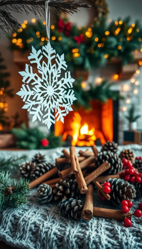 A festive Christmas craft scene with a cozy, handmade feel. In the foreground, a delicate paper snowflake ornament hangs from a rustic wooden branch, its intricate patterns casting soft shadows. In the middle ground, a pile of pinecones, cinnamon sticks, and vibrant red berries sits on a knitted blanket, ready to be assembled into a natural wreath. The background features a warm, inviting fireplace with a mantel adorned with evergreen garlands and twinkling string lights, creating a serene, holiday atmosphere. The lighting is soft and diffused, lending a nostalgic, vintage-inspired quality to the scene. Captured with a wide-angle lens to showcase the full composition.