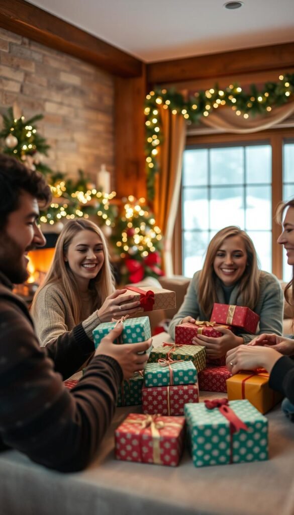 A festive gathering of friends exchanging colorfully wrapped gifts, set against a cozy winter scene. In the foreground, a group of smiling people sit around a table, passing presents to one another in a spirit of joy and anticipation. The middle ground features a warm, inviting living room with a crackling fireplace, twinkling lights, and plush holiday decor. In the background, a snowy landscape can be glimpsed through a large window, creating a sense of seasonal wonder. The lighting is soft and atmospheric, casting a gentle glow on the cheerful faces of the participants. The overall mood is one of togetherness, merriment, and the magic of the holiday season.