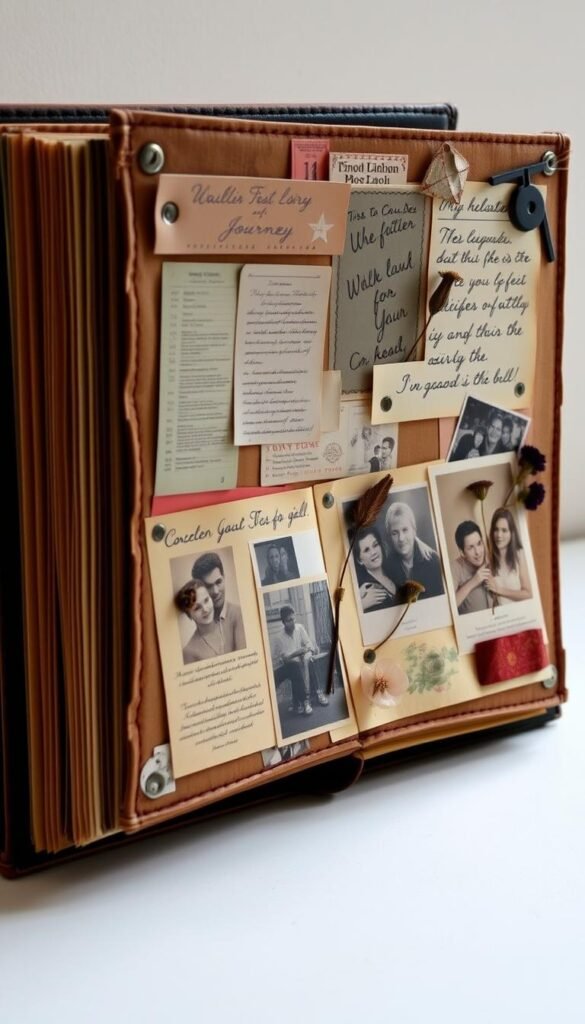 A handcrafted scrapbook with a vintage aesthetic, filled with nostalgic memories of a cherished musical journey. The cover is adorned with a collage of memorabilia, including ticket stubs, concert posters, and handwritten lyrics. The pages inside feature a patchwork of sepia-toned photographs, pressed flowers, and personal notes, creating a heartfelt testament to the power of music in one's life. Soft, warm lighting illuminates the delicate details, evoking a sense of comfort and sentimentality. The overall composition captures the essence of a thoughtful, personalized gift that celebrates the unique connection between the recipient and their musical experiences.