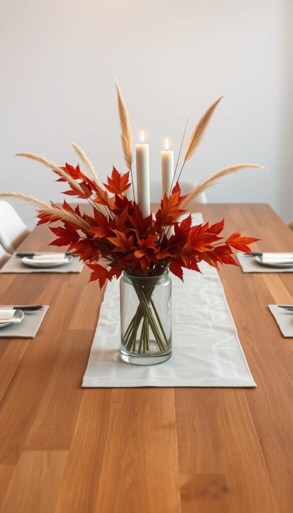A modern, minimalist fall centerpiece adorns a sleek, wooden dining table. In the foreground, a striking arrangement of autumnal foliage, such as rust-colored maple leaves and wispy pampas grass, is elegantly displayed in a simple, cylindrical glass vase. The middle ground features a pair of smooth, stone candlesticks, their flickering flames casting a warm, inviting glow. In the background, a neutral-toned linen runner and sparse, geometric-patterned placemats create a refined, understated backdrop. Soft, directional lighting illuminates the scene, highlighting the natural textures and muted colors. The overall mood is one of calm sophistication, perfectly suited for a contemporary fall gathering.