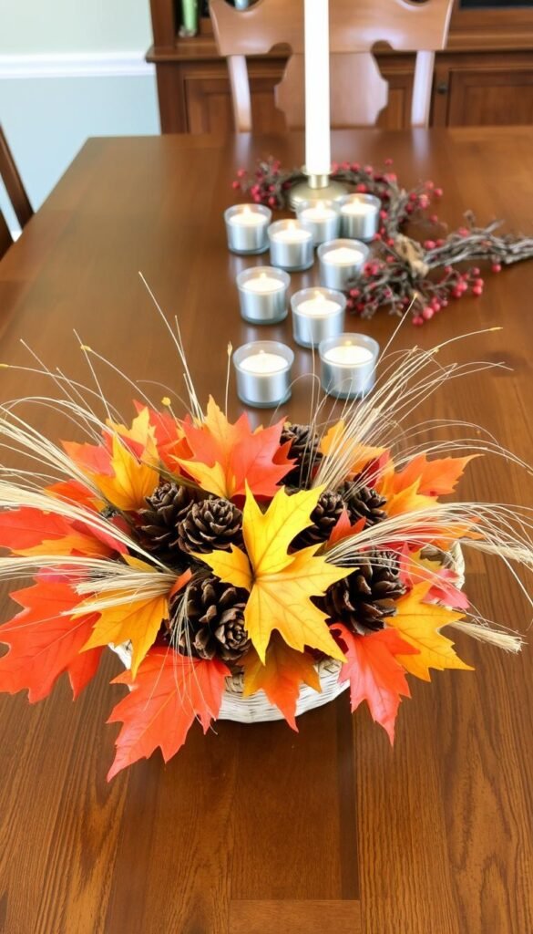 A rustic, homemade fall centerpiece adorns a wooden dining table. In the foreground, a cluster of autumnal foliage - vibrant orange maple leaves, earthy brown pinecones, and wispy dried grasses - is arranged in a simple woven basket. The middle ground features a scattering of votive candles, their warm glow casting a cozy ambiance. In the background, a garland of twigs and berry sprigs trails along the table's edge, complementing the natural elements. The overall scene exudes a sense of crafted charm and seasonal delight, perfect for a budget-friendly DIY fall display.