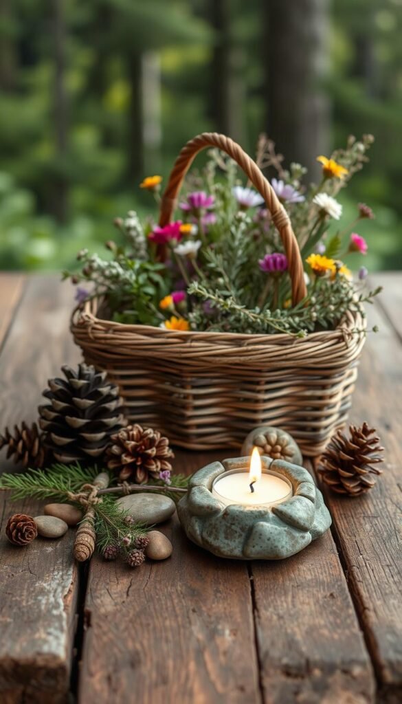 A rustic, nature-inspired gift set resting on a weathered wooden surface. In the foreground, a handcrafted candle holder made from smooth river stones, its flickering flame casting a warm glow. Surrounding it, a collection of natural elements - pinecones, dried flowers, and a sprig of evergreen. In the middle ground, a woven basket filled with fragrant herbs and wildflowers, their vibrant colors complementing the earthy tones. The background features a blurred, lush forest scene, hinting at the gift's connection to the natural world. The overall composition conveys a sense of simplicity, harmony, and a touch of whimsy, creating a visually appealing and thoughtful nature-inspired gift.