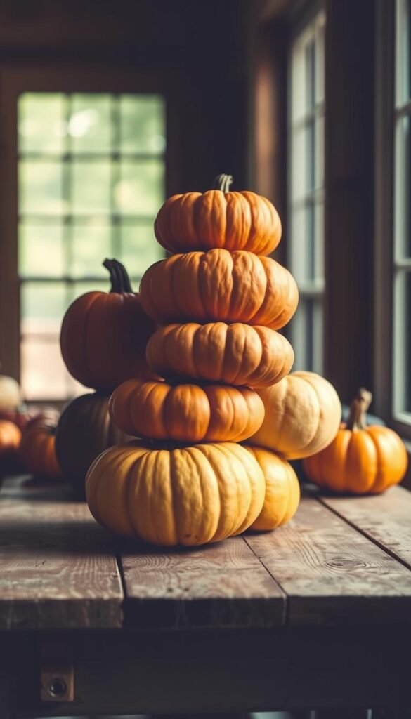 A stack of vibrant, freshly harvested pumpkins sit atop a weathered wooden table, illuminated by soft, diffused natural light filtering through a large window. The pumpkins vary in size and hue, from deep orange to pale yellow, creating a visually appealing arrangement. The scene is captured from a slightly elevated angle, highlighting the textured surfaces and organic shapes of the pumpkins. The background is blurred, allowing the pumpkin stack to be the focal point, conveying a sense of simplicity and focus. The overall mood is warm, autumnal, and inviting, setting the stage for a step-by-step guide to creating a stunning stacked pumpkin display.