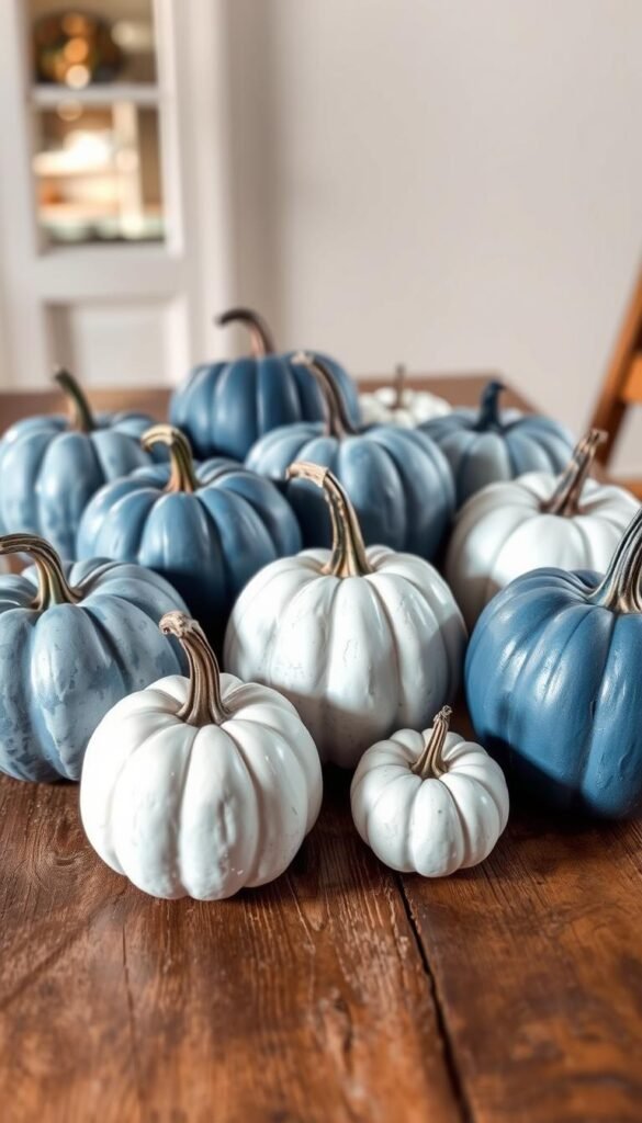 A still life arrangement of several blue and white painted pumpkins resting on a rustic wooden table, bathed in soft, natural lighting that accentuates the matte finish and subtle brushstrokes of the paint. The pumpkins are positioned to create a visually balanced and aesthetically pleasing composition, with some pumpkins arranged in the foreground and others in the middle ground, against a slightly blurred background that suggests a warm, autumnal setting. The overall mood is one of cozy, chic elegance, reflecting the theme of the article's section on "Blue and White Painted Pumpkins".