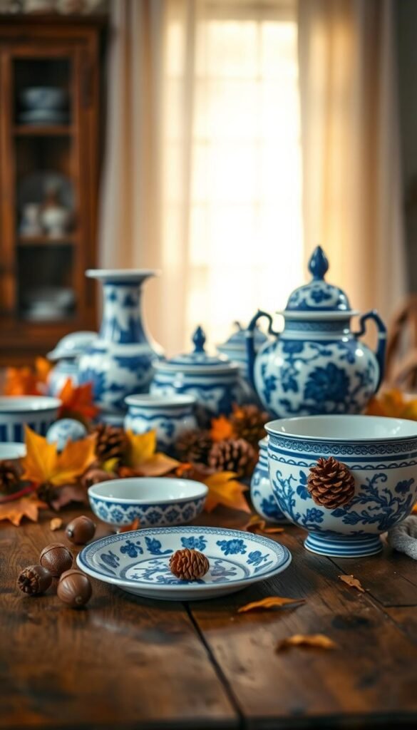 A still-life scene of a blue and white porcelain display for fall decor. In the foreground, an assortment of classic Chinese blue and white vases, bowls, and plates arranged artfully on a wooden table. The middle ground features autumn leaves, acorns, and pinecones scattered around the porcelain pieces, creating a cozy, seasonal vignette. Soft, warm lighting from an unseen source casts a gentle glow, highlighting the intricate patterns and textures of the ceramics. The background is softly blurred, allowing the focus to remain on the elegant blue and white porcelain fall decor display. The overall mood is one of refined autumnal elegance and timeless beauty.
