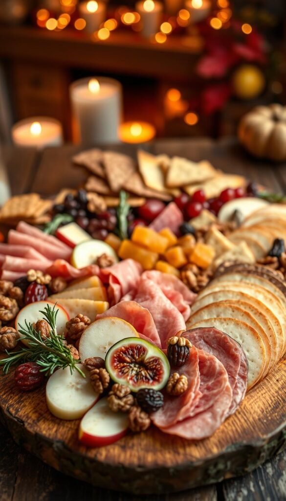 A vibrant fall charcuterie board, artfully arranged on a rustic wooden surface. In the foreground, an assortment of gourmet meats, cheeses, and dried fruits, each carefully selected to complement the autumnal palette. Sliced apples, figs, and candied walnuts add pops of color and texture, while sprigs of rosemary and thyme lend a fragrant touch. The middle ground features a selection of crackers, bread, and honeycomb, inviting the viewer to imagine the satisfying crunch and sweetness. In the background, a cozy, softly-lit scene with warm-toned lighting, evoking the comforting ambiance of a fall gathering. The overall composition captures the essence of a visually stunning and irresistibly delicious fall charcuterie board.