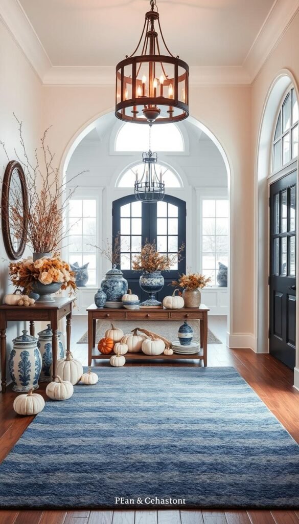 A warm, inviting fall foyer decor with shades of blue and white. In the foreground, a stylish console table is adorned with an array of white pumpkins, dried florals, and a mix of blue and white ceramics. The middle ground features a plush blue and white striped rug, guiding visitors towards the entryway. Overhead, a rustic wooden chandelier casts a soft, ambient glow, while large windows allow natural light to stream in, highlighting the elegant blue and white color palette. The background showcases classic white walls, complemented by a grand archway framing the entrance. The overall atmosphere evokes a sense of seasonal sophistication and cozy charm.