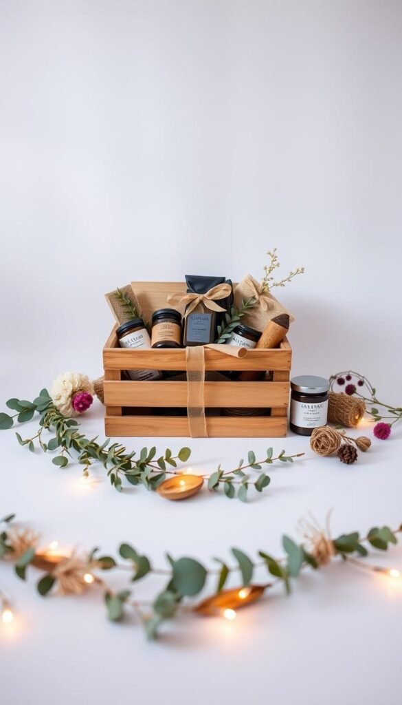 A well-crafted DIY gift presentation set against a softly lit, minimalist backdrop. In the foreground, a wooden crate or box with a hand-tied ribbon, showcasing a thoughtfully curated selection of homemade goodies. Surrounding the gift, an arrangement of botanical elements such as eucalyptus sprigs, dried flowers, and natural twine, creating a rustic, artisanal aesthetic. The middle ground features a simple, white backdrop, allowing the gift and its accents to take center stage. Warm, indirect lighting casts a gentle glow, highlighting the textures and colors of the presentation. The overall mood is one of understated elegance, thoughtfulness, and a touch of handmade charm - the perfect visual representation of a personalized DIY gift for a coworker.