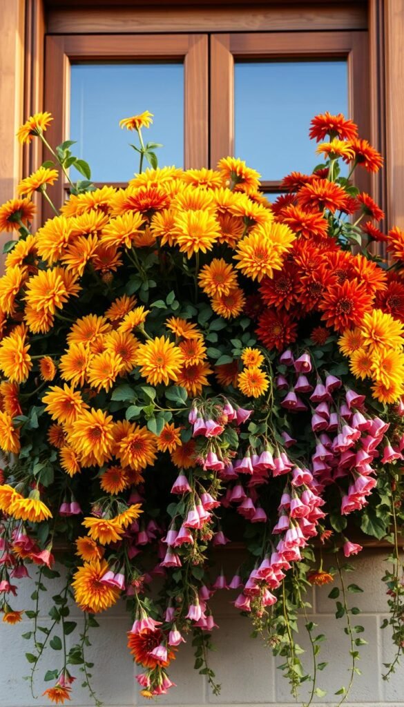 A window box overflowing with a vibrant autumnal display. In the foreground, clusters of chrysanthemums in shades of gold, orange, and burgundy, their lush petals catching the warm afternoon light. In the middle ground, trailing vines of ivy and cascading pink-tinged coral bells spill over the box's edges. The background features a wooden window frame, framing the scene with a rustic charm. The lighting is soft and diffused, creating a cozy, inviting atmosphere that evokes the spirit of the fall season. Captured with a wide-angle lens to showcase the depth and abundance of the display.