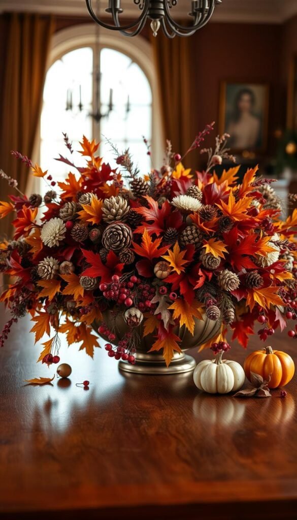An autumnal still life showcasing a vibrant fall color palette. In the foreground, an elegant, artfully arranged centerpiece overflows with lush foliage in shades of ochre, rust, and burgundy. Textural elements like pinecones, dried florals, and gourds add visual interest. The middle ground features a smooth, polished wooden table surface, casting warm reflections. In the background, a cozy, dimly lit room with soft, golden lighting creates an intimate, inviting atmosphere. Photographic quality, using a medium-wide angle lens to capture the scene in a balanced, harmonious composition.