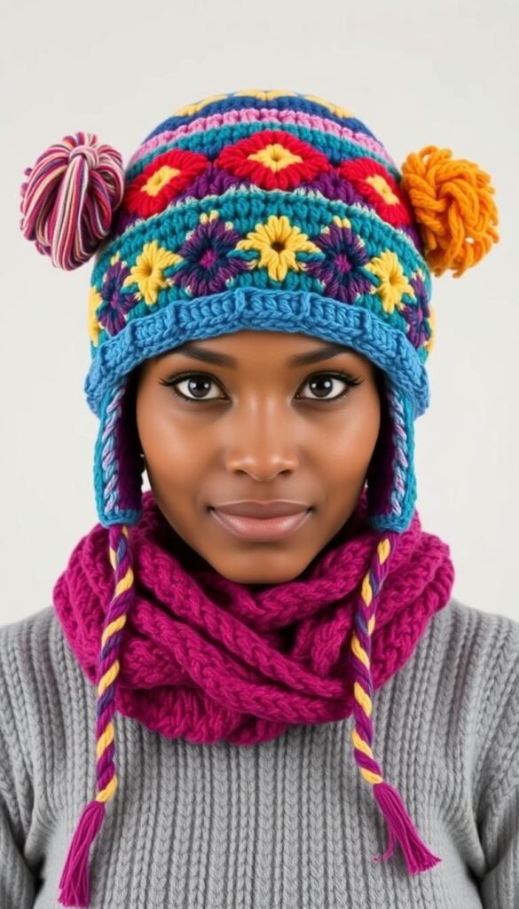 An image of a person wearing a handmade crocheted winter hat.