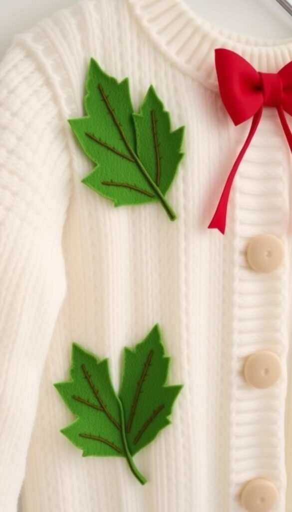 An image of a white sweater decorated with green felt leaves and a red bow.