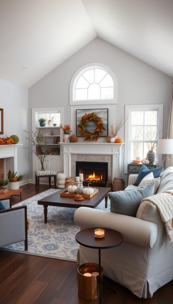 Blue and white living room with fall decor