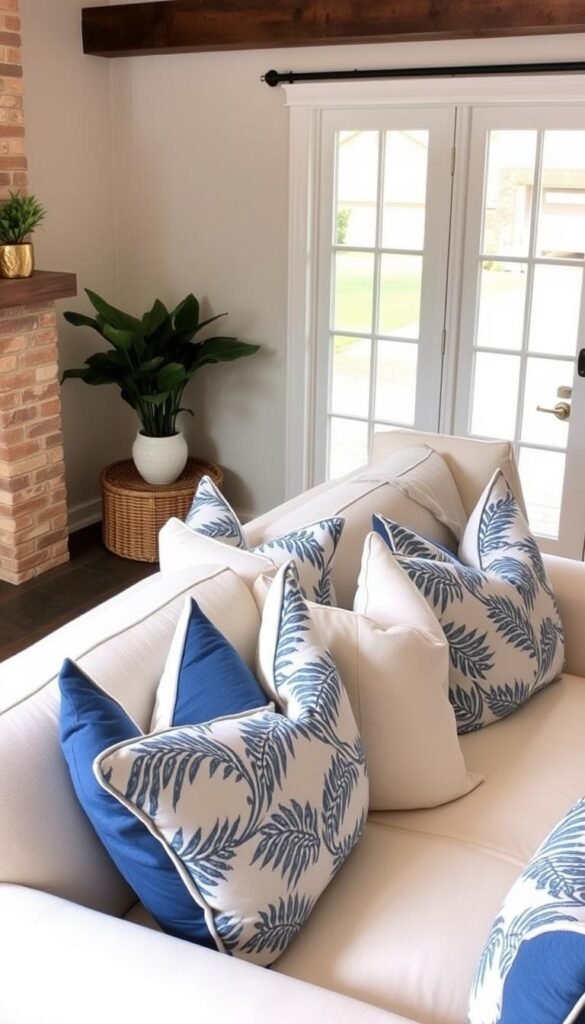 Blue and white throw pillows on a sofa