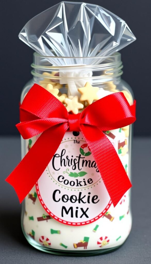 Christmas cookie mix in a jar with a red ribbon and holiday-themed label