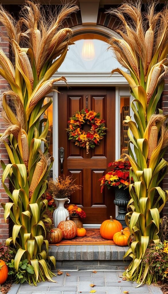 Corn stalks framing a front door with fall decorations
