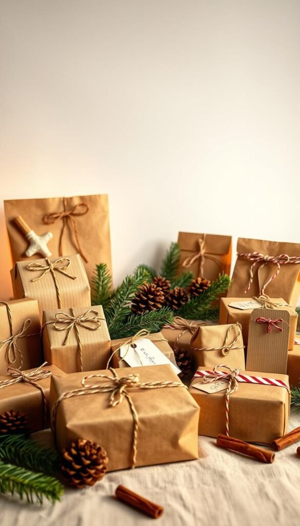 Cozy DIY Christmas gift packaging set, featuring a variety of handmade and natural elements. In the foreground, an assortment of rustic gift boxes, bags, and tags made from kraft paper, twine, and festive ribbons. In the middle ground, sprigs of evergreen, pinecones, and cinnamon sticks add a touch of organic warmth. Soft, warm lighting casts a golden glow, creating a welcoming, homemade atmosphere. The background is a minimalist white backdrop, allowing the handcrafted details to shine. An inviting, personalized presentation for heartfelt DIY Christmas gifts.
