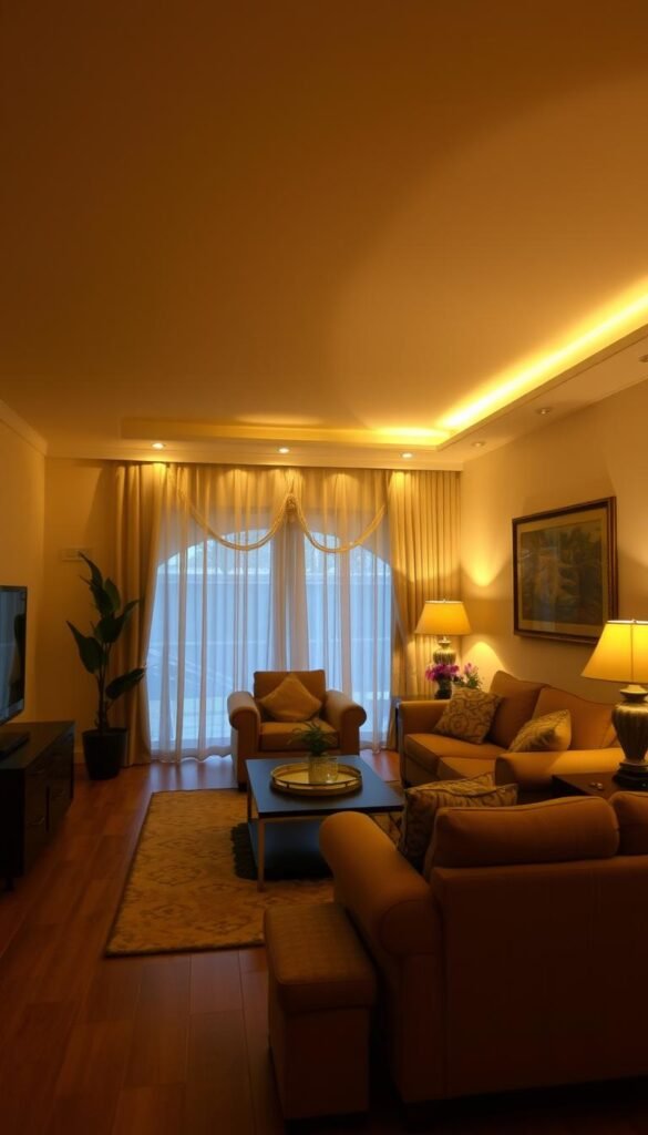 Cozy living room with warm ambient lighting