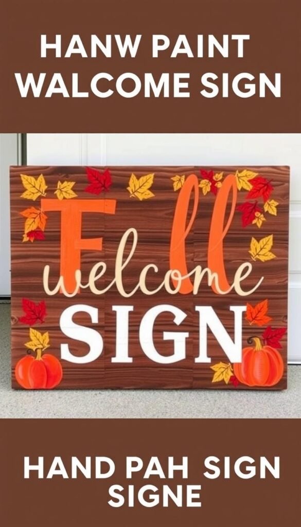 Create a hand-painted welcome sign with a fall theme, using a wooden board and autumn colors.