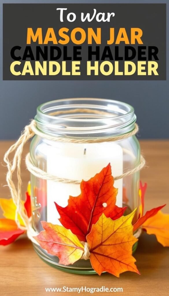 Create a mason jar candle holder with fall decorations, using a mason jar, twine, and autumn leaves.